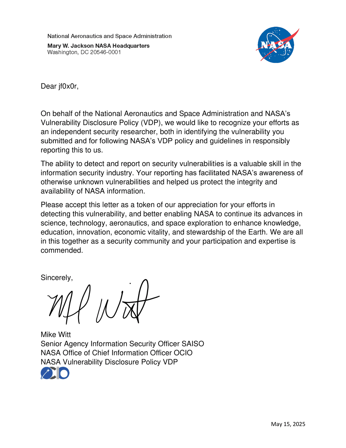 NASA Letter of Appreciation 1
