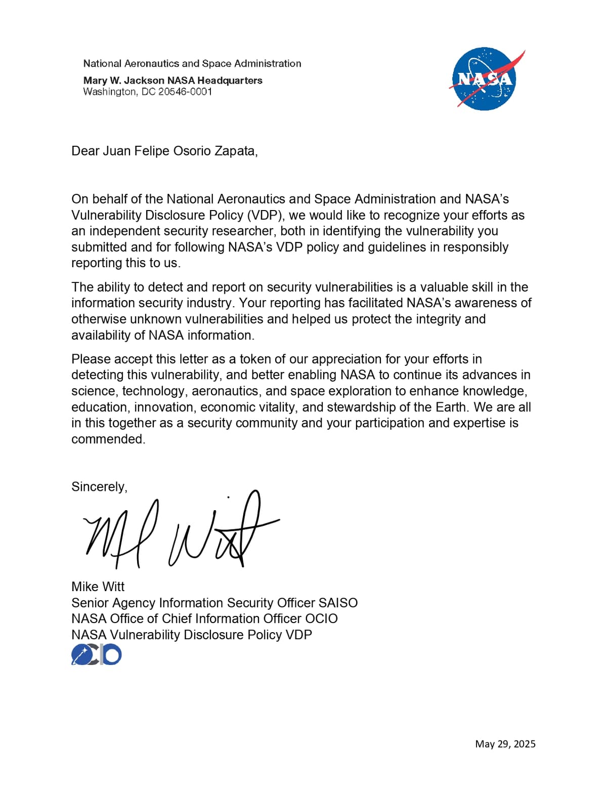NASA Letter of Appreciation 2